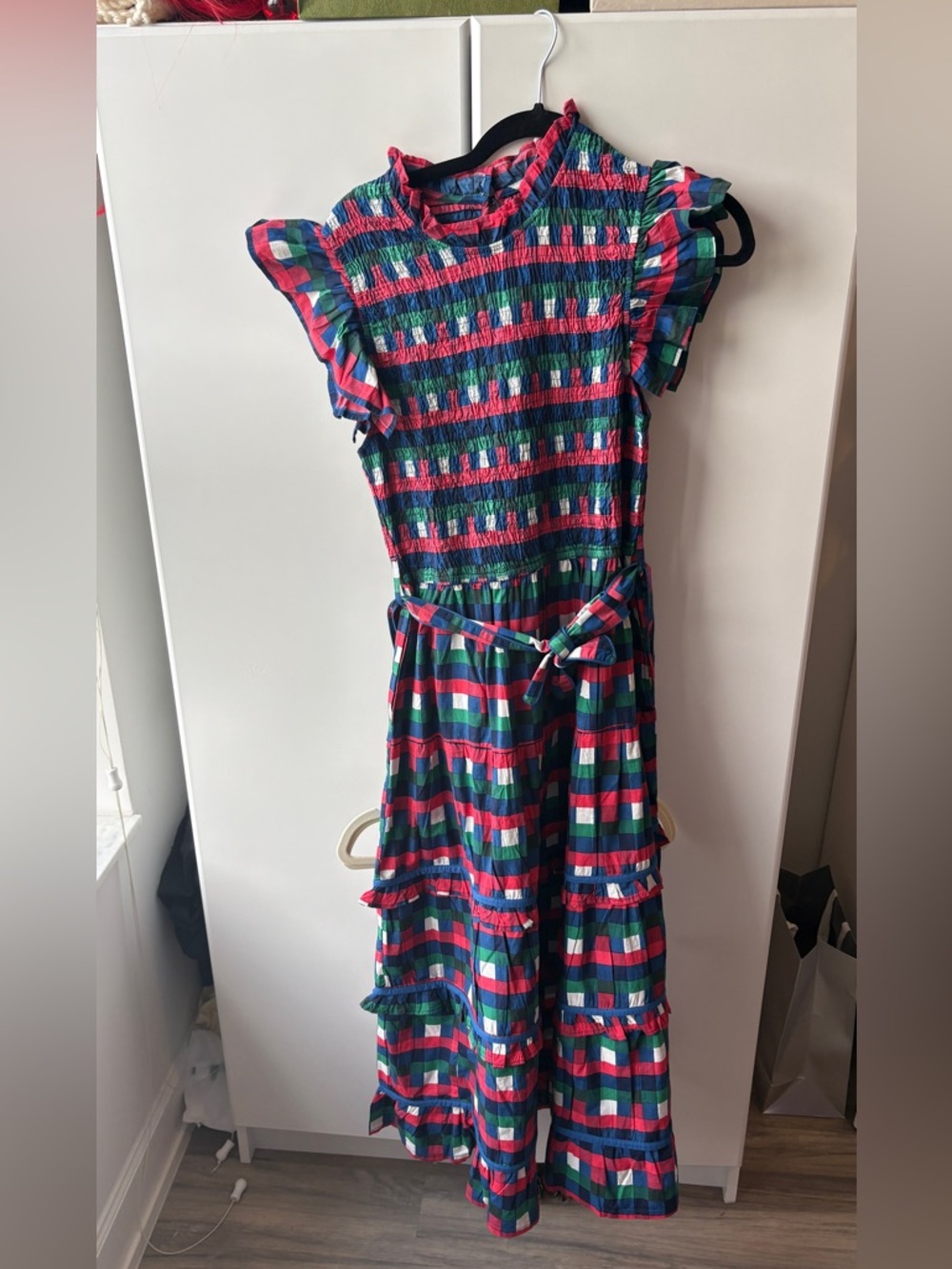 Printfresh Blue, Pink and Green Check Midi Dress with Ruffle Details